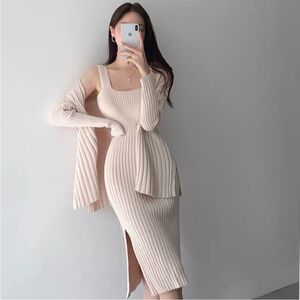 NEW Apricot Ribbed Side Slit Dress w/ Cardigan